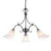 The Hardwick pendant light features elegantly curved arms in antique silver with frosted glass shades encasing 3 lamps.
