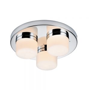 The Pure ceiling light features a circular base in a soft chrome finish and 3 diffused circular opal glass shades.