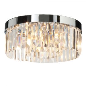 The Crystal ceiling light features two rings of long, faceted clear crystals suspended from a polished chrome base. IP44 rated and suitable for use in bathrooms.