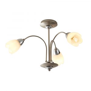 The Petal ceiling light features 3 arching arms in satin chrome, complete with matt opal glass flower shaped shades.