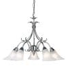 The Hardwick pendant light features elegantly curved arms in antique silver with frosted glass shades encasing 5 lamps.