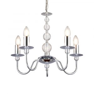 The Parkstone pendant light is a modern take on a classic chandelier, with five curved arms that support a lamp each. Features a chrome effect finish and glass sphere details on the central rod.