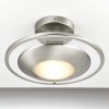 Shows the Firenz ceiling light installed on a white ceiling.The light features a modern round design with a central frosted glass diffuser surrounded by satin chrome metalwork. Clear glass surrounds the fitting with a final ring of metalwork.