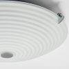 Shows a close up of the Roundel ceiling light, which features a round opal glass shade with a decorative swirling pattern and chrome plate detailing. Shows the fitting when switched off.