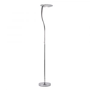 The Rimini floor light features a modern design with an uplight supported by the stylish curved base. Finished in chrome with a frosted glass shade. An easy-to-reach push button memory dimmer switch is set at the middle of the stand.