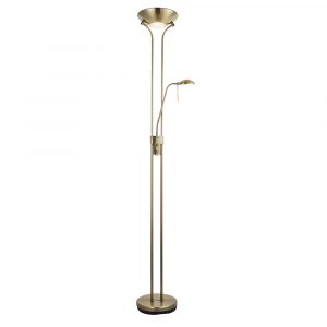 The Rome floor light features a classic design with a traditional up-light and an adjustable reading light. Easy-to-reach dual rotary dimmer switches are placed centrally on the light stand. Has an antique brass finish and opal glass shades.