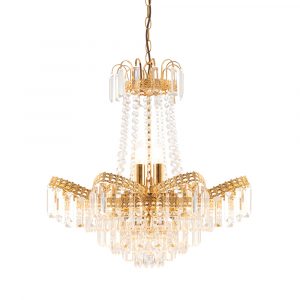 The Adagio pendant light has nine lamps and features sweeping faceted glass beads supported by ornate metalwork in a gold plate finish.