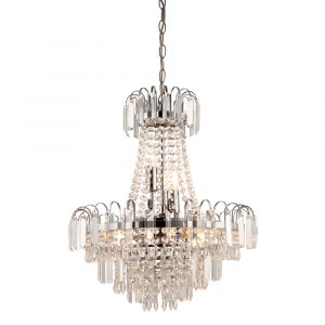 The Amadis pendant light features faceted clear glass in a sweeping, tiered, six light chandelier. The supporting steel has a smart chrome finish.