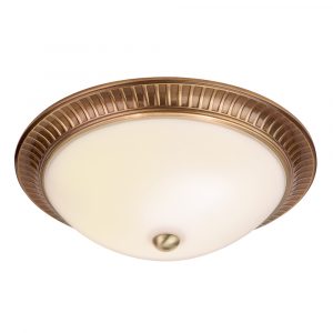 The Brahm ceiling light features a traditional design with a large acid glass shade and decorative antique brass metalwork detailing. Shows the fitting when switched on.
