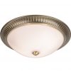 The Brahm ceiling light features a traditional design with a large acid glass shade and decorative antique brass metalwork detailing. Shows the fitting when switched off.