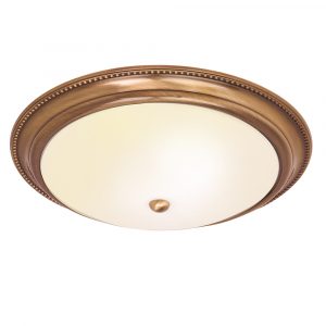 The Atlas ceiling light features a traditional design with a large acid etched glass shade and decorative antique brass metalwork detailing. Shows the fitting when it's switched on.