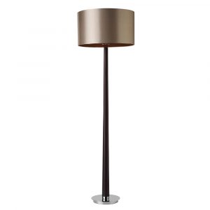 The Corvina floor light features a stylish design with a dark wooden tapered stand, bright nickel base, and mink faux shade.