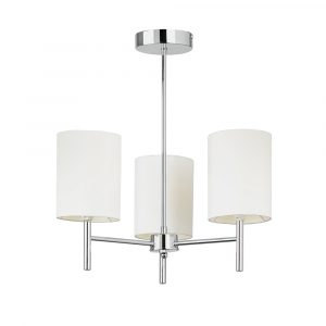 The Brio ceiling light is a modern 3 light chandelier in a chrome finish complemented by 3 off-white faux silk shades.