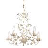 The Lullaby pendant light features a 5 light chandelier with intricate flower detailing and glass drop beads. Constructed of steel and clear/pearl acrylic, the pendant has a cream and gold effect finish.