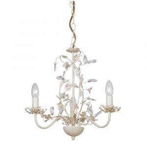 The Lullaby pendant light features a 3 light chandelier with intricate flower detailing and glass drop beads. Constructed of steel and clear/pearl acrylic, the pendant has a cream and gold effect finish.