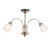 The Petal ceiling light features 3 arching arms in antique brass, complete with frosted glass flower shaped shades.