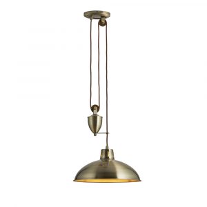 The Polka pendant light features a traditional design with a rise and fall suspension system in an antique brass plate finish. Height adjustable from a range of 92cm to 198cm.