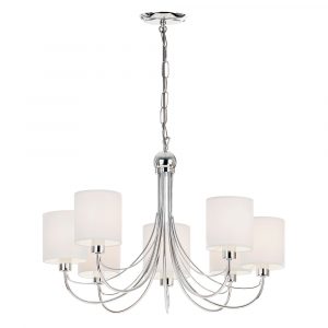 The Phantom pendant light features a modern take on a classic chandelier with a polished chrome finish, white fabric shades, and seven elegantly curved arms.