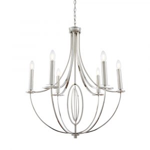 The Whistle pendant light is an elegant, chandelier-style fitting, constructed in steel with nickel plate finish. The six curved arms surround a central decorative circle.