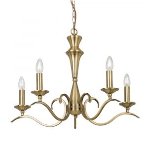 The Kora pendant fuses the classic with the modern with this beautiful chandelier, five lamps are supported on curved arms, made from steel and finished in antique brass.