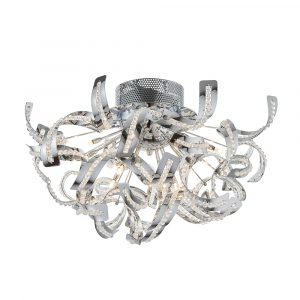 The Twist ceiling light features multiple curling arms in a chrome finish inlaid with rows of small decorative crystals, enclosing 12 halogen lamps.