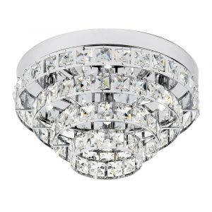 The Motown ceiling light features four rows of tiered faceted crystals set into chrome plated metalwork enclosing 4 lights.