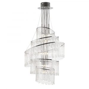The Camille pendant light is a stunning chandelier with 24 lamps, featuring a mix of glass rods and faceted glass beads. Multiple rings support the delicate glass detailing in a sleek chrome finish.