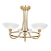 The Cagney ceiling light is a modern take on a classic chandelier in an antique brass finish. The 3 chandelier arms finish in painted glass shades with faint line detailing.