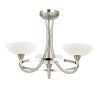 The Cagney ceiling light is a modern take on a classic chandelier in a satin chrome finish. The 3 chandelier arms finish in painted glass shades with faint line detailing.