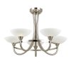 The Cagney ceiling light is a modern take on a classic chandelier in an satin chrome finish. The 5 chandelier arms finish in painted glass shades with faint line detailing.