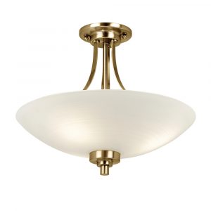 The Welles ceiling light features and elegant design with 3 lamps and a white painted glass shade with subtle line pattern. Has an antique brass finish.