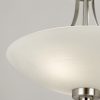 Close up of the Welles ceiling light in satin chrome. Shows the soft line detailing on the white painted glass shade.