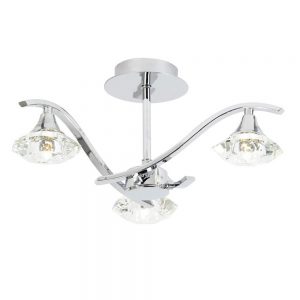 The Langella ceiling light has 3 curved chrome plated arms that finish in clear faceted crystal lamps.