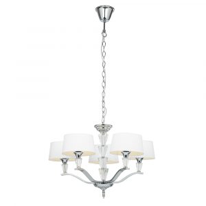 The Fiennes pendant light features a modern take on a classic chandelier with 5 lights. Constructed of steel with a polished chrome finish, crystal glass detailing, and vintage white fabric shades.