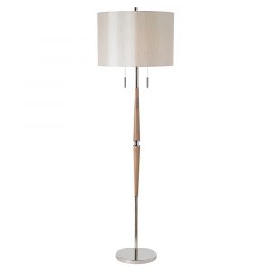 The Altesse floor light features a polished nickel stand with decorative natural wooden elements and a natural faux silk shade. A pair of lamps can be independently controlled with their own pull cord switch.