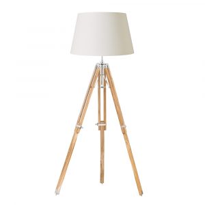The Tripod floor light (base only) features a teak wooden base in the style of a tripod with bright nickel detailing and adjustable legs.