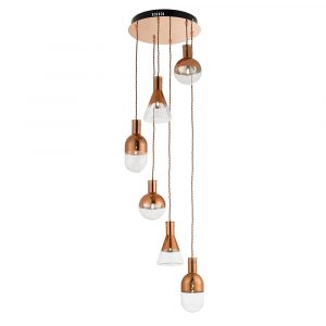 The Giamatti pendant light features six spiralling lamps in three different designs. The lamps feature electroplated glass and copper finish.