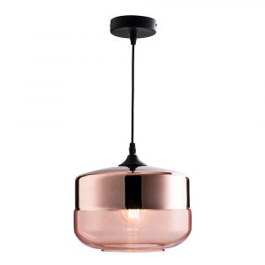 The Willis pendant light features a modern design with a rounded, rectangular shape; the shade has a copper plated top and cognac coloured glass bottom. The black cable is height adjustable.