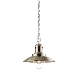 The Mendip pendant light features an angular design, constructed of steel and glass, with a satin nickel finish. The bulb is enclosed within a clear glass globe at the bottom of the fitting. The chain suspension is height adjustable.