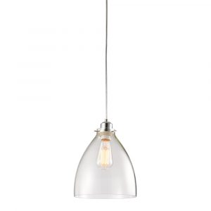 The Elstow pendant shade features a curved, clear glass shade with chrome effect trim and clear flex cable suspension.