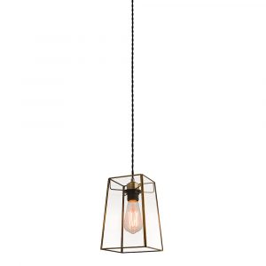 The Beaumont pendant shade features a tapered, rectangular design with clear glass and antique brass trim. The black cable suspension is height adjustable.