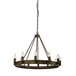 The Chevalier pendant light features a medieval style design with a large steel ring with 12 lamps in an aged metal finish. The chain suspension is height adjustable.