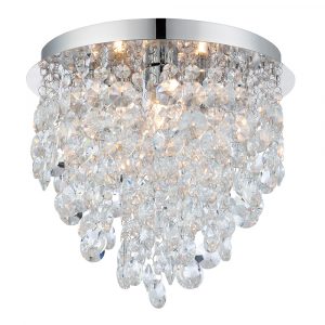 The Kristen ceiling light features cascading, high quality crystals hanging from delicate chrome chains and a round chrome base.