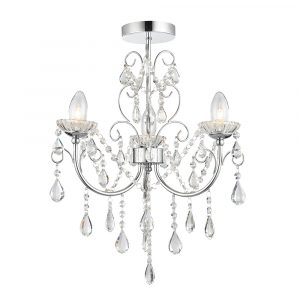 The Tabitha ceiling light features a 3 light chandelier finished in chrome with clear crystal glass detail and droplets. IP44 rated.