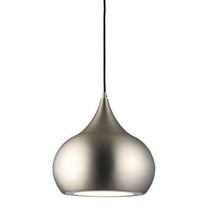 The Brosnan pendant light features a soft, curvaceous design with an integrated 18w LED and white diffuser in a matt nickel finish. The black cable suspension is height adjustable.