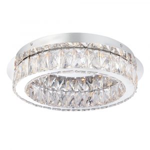 The Swayze ceiling light features an ornate ring of integrated 16W warm white LED diffused through clear, faceted acrylic crystals. Supported by a round, polished chrome base. IP44 rated and suitable for use in bathrooms.