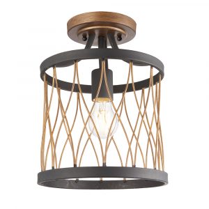 The Heston ceiling light features a unique design with two matt black hoops connected by curved, overlaying rustic bronze finished arms.