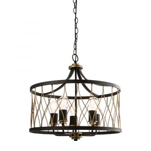 The Heston pendant light features a unique design with two matt black hoops connected by curved, overlaying rustic bronze finished arms. Five lamps are enclosed within.