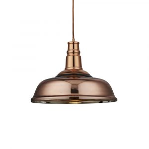 The Jackman pendant light features a traditional design with a shiny copper finish on the outside of the shade and a silver finish on the inside. The matching cable suspension is height adjustable.