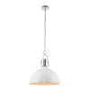 The Collingham pendant light features an industrial design with a gloss white finish and satin chrome trim, complete with chain suspension.